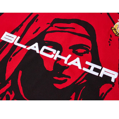 Red short sleeve hip hop streetwear t-shirt with bold black graphic face and white blackhair lettering in cotton material
