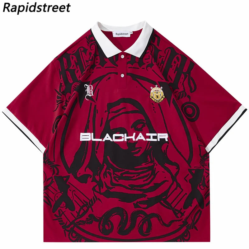 Red short sleeve hip hop streetwear polo shirt with white trim and virgin mary graphic print cotton harajuku tee