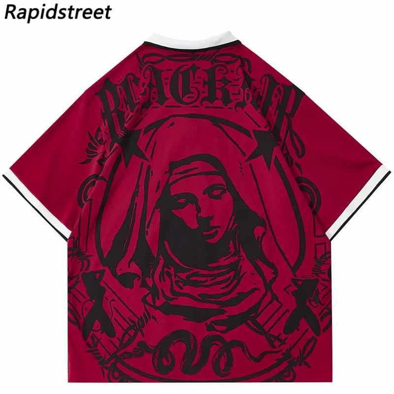 Red short sleeve harajuku cotton t-shirt featuring hip hop streetwear virgin mary graphic print with ornate lettering