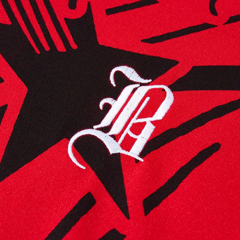 Red short sleeve hip hop streetwear sweatshirt with black star pattern and white embroidered logo in cotton fabric