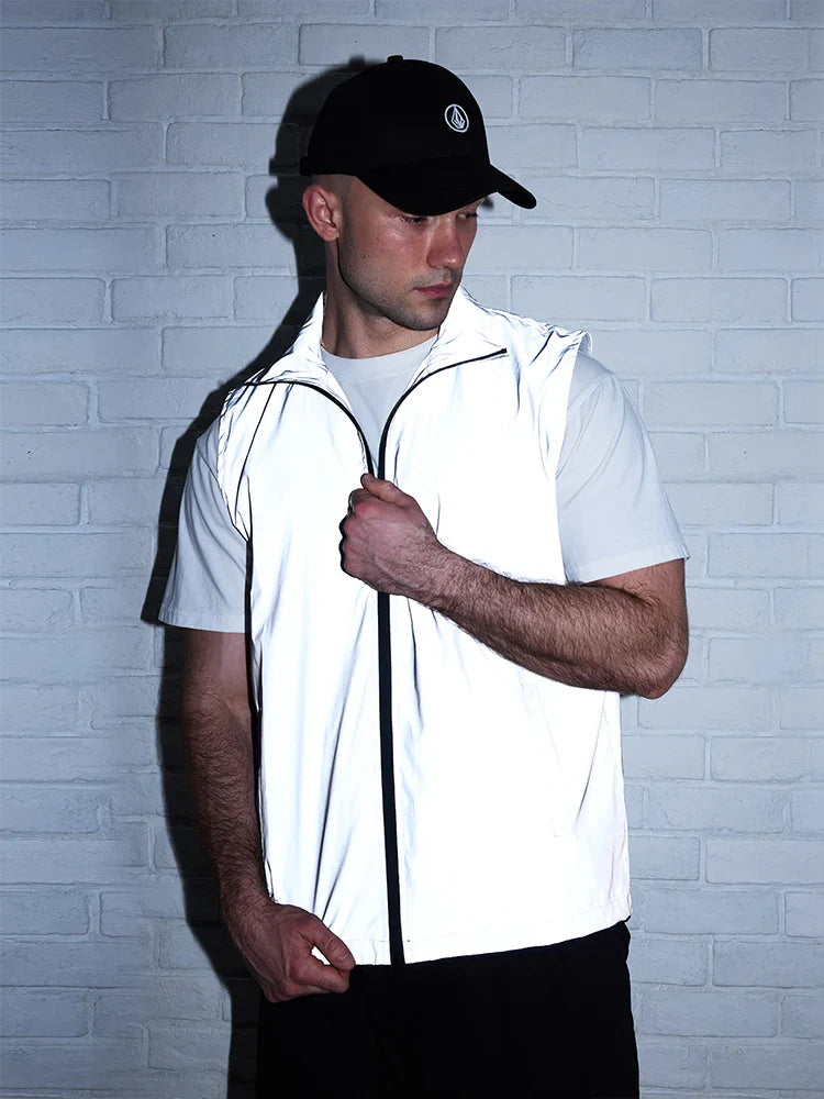 White streetwear reflective sleeveless vest with black zipper lightweight stand collar for night running dancing