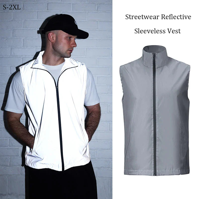 Silver streetwear reflective sleeveless vest with black zipper lightweight stand collar ideal for night running dancing