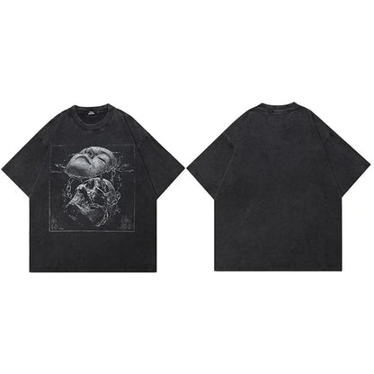 Black oversized cotton tshirt harajuku featuring hip hop streetwear cracked face skull graphic on the front