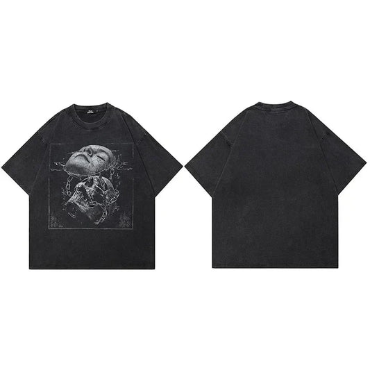 Black oversized cotton tshirt harajuku featuring hip hop streetwear cracked face skull graphic on the front