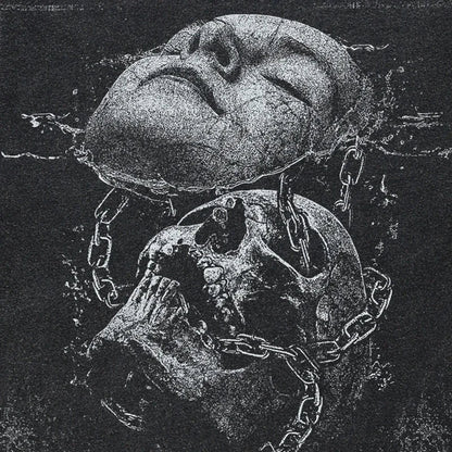 A monochromatic cracked face skull illustration with chains on a black cotton tshirt harajuku hip hop streetwear tee