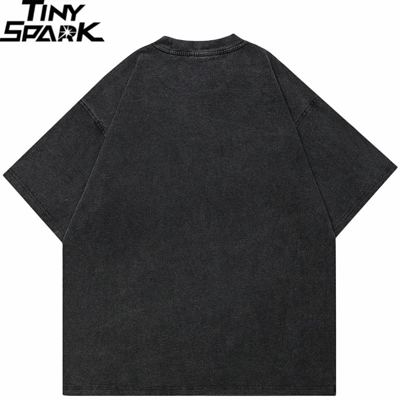 Black oversized cotton tshirt harajuku with cracked face skull graphic and faded textured finish hip hop streetwear style
