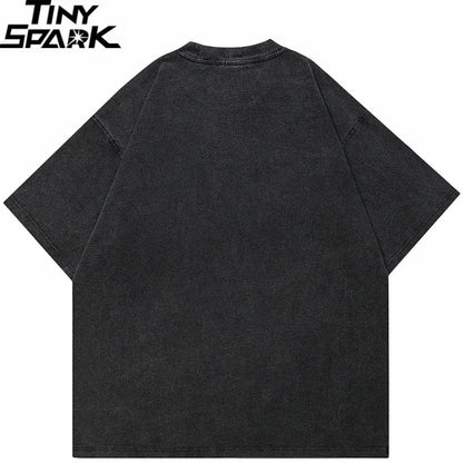 Black oversized cotton tshirt harajuku with cracked face skull graphic and faded textured finish hip hop streetwear style