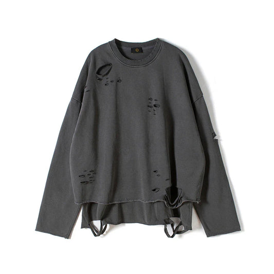 Dark gray cotton hip hop streetwear vintage sweatshirt with ripped holes pullover and frayed hem details for autumn 2026