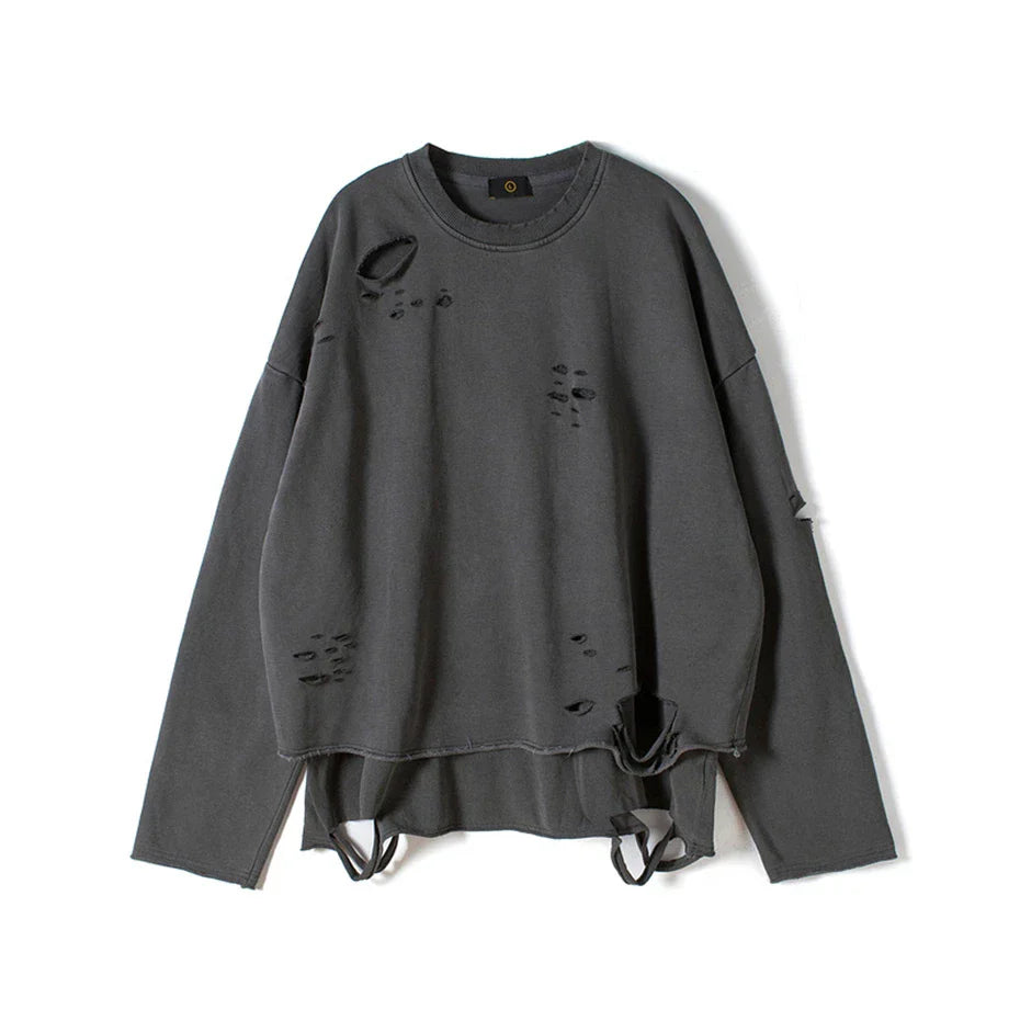 Dark gray cotton hip hop streetwear long sleeve sweatshirt with distressed rips and frayed hem vintage style
