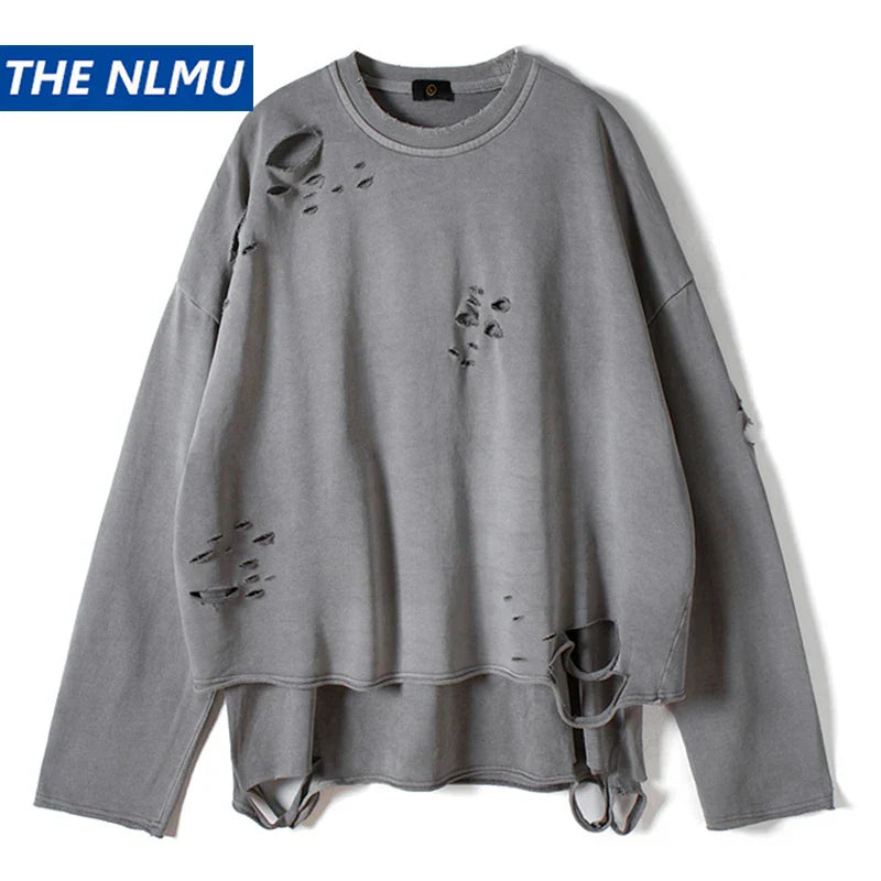 Gray cotton hip hop streetwear vintage sweatshirt with distressed ripped holes pullover and drawstring ties at hem