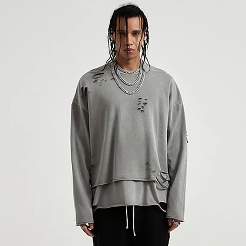 Gray cotton hip hop streetwear vintage sweatshirt with distressed ripped holes pullover and layered hem for autumn 2026