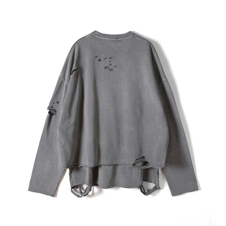 Gray cotton hip hop streetwear vintage sweatshirt with ripped holes pullover and frayed hem ties for autumn 2026