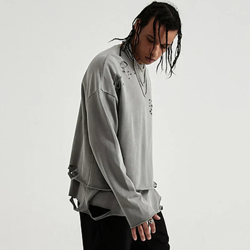 Gray cotton hip hop streetwear long-sleeve shirt with ripped hem embroidered details and distressed vintage style