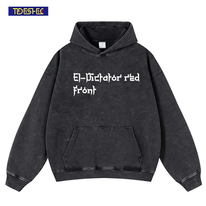 Black distressed hoodie hip hop streetwear warm pullover with white el-pictator red front text for type beat music fans