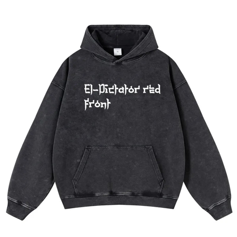 Black oversized hip hop streetwear warm pullover hoodie with white el-dictator red front text for type beat music fans