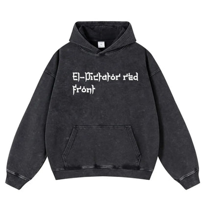 Black oversized hip hop streetwear warm pullover hoodie with white el-dictator red front text for type beat music fans