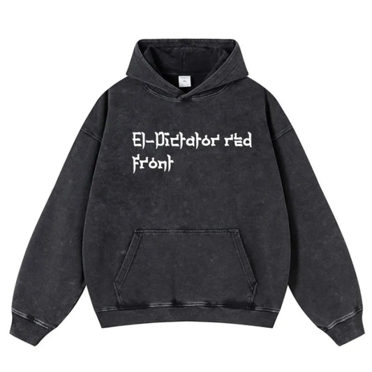 Black oversized hip hop streetwear warm pullover hoodie with white el-dictator red front text for type beat music fans