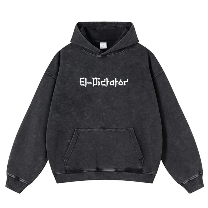 Black distressed hip hop streetwear warm pullover hoodie with white el-dictator lettering for type beat music fans