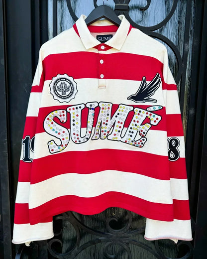 A red and white striped long-sleeved polo shirt y2k with sumé rhinestone logo and black eagle embroidery america harajuku fashion