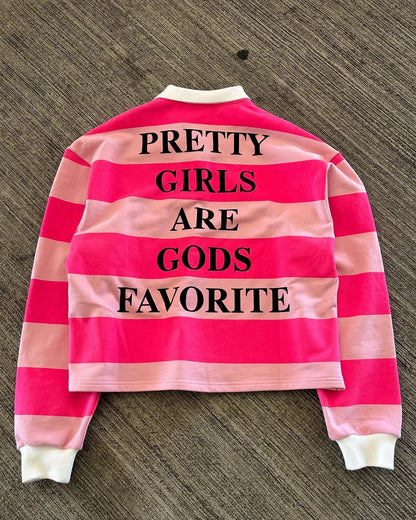 Back of a cropped long-sleeved rugby-style top with pink stripes and fashion letter print in america harajuku style polo shirts y2k