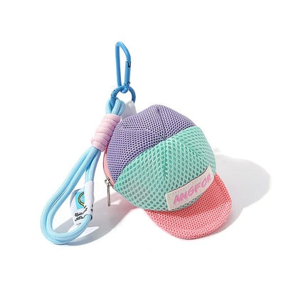 Pastel-colored mesh baseball cap mini bag keychain with blue carabiner strap for multi-use storage and style
