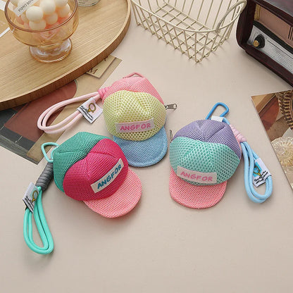 Pastel-colored mesh cap wallets with angfor branding and matching fabric straps for hip-hop style mini bags and pouches