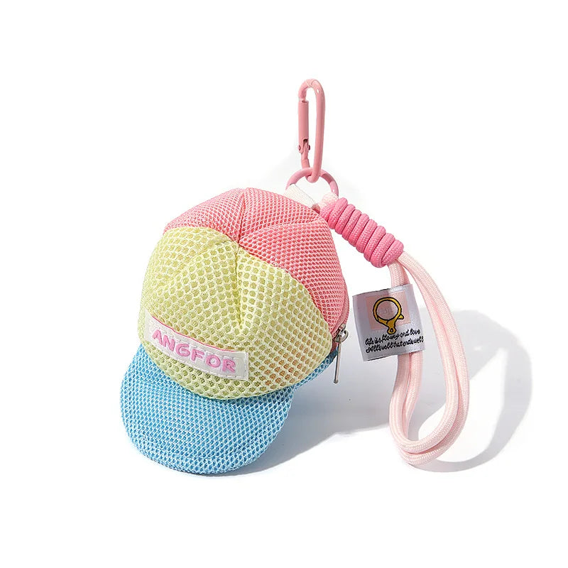 Pastel-colored mesh hip-hop style baseball cap mini bag with pink carabiner and braided strap for keys and coins