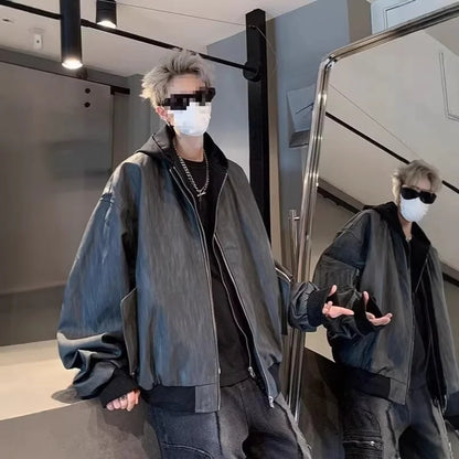 Black leather spring autumn baseball jacket pilot with hood and zipper closure trendy handsome coat