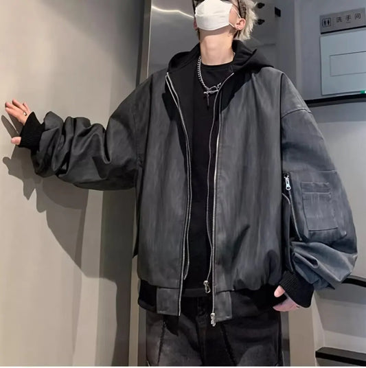 Black hip hop style spring autumn baseball jacket pilot coat leather with silver zippers and ribbed cuffs
