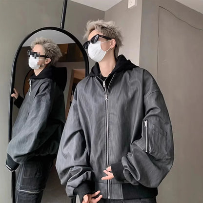 Dark gray spring autumn baseball jacket pilot coat leather shirt with black hood and ribbed cuffs for men