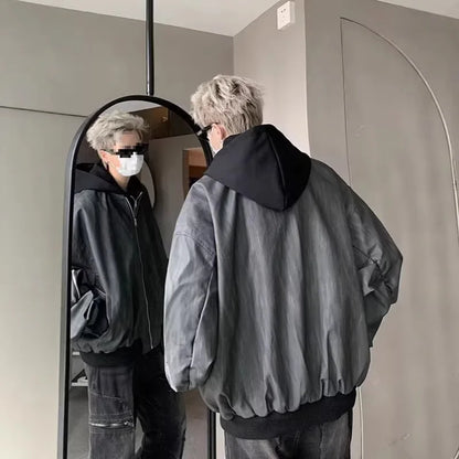 Gray spring autumn baseball jacket pilot with black hood and cuffs in leather shirt style for men