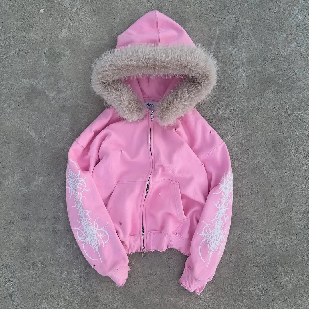 Pink zip-up hoodie with fluffy beige fur-lined hood and white tribal embroidery for hip hop style women’s sportswear set
