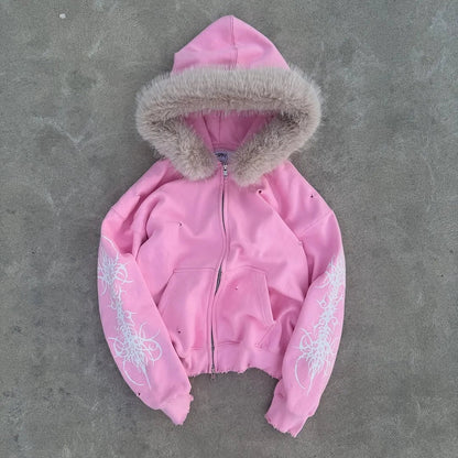 Pink zip-up hoodie with fluffy beige fur-lined hood and white tribal embroidery for hip hop style women’s sportswear set
