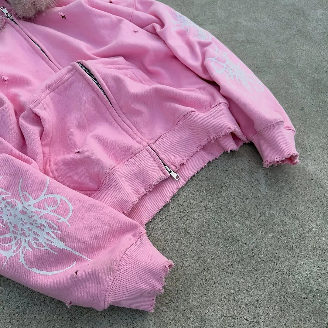 Pink distressed zip-up hoodie with white tribal embroidery and frayed cuffs in hip hop style womens sportswear set