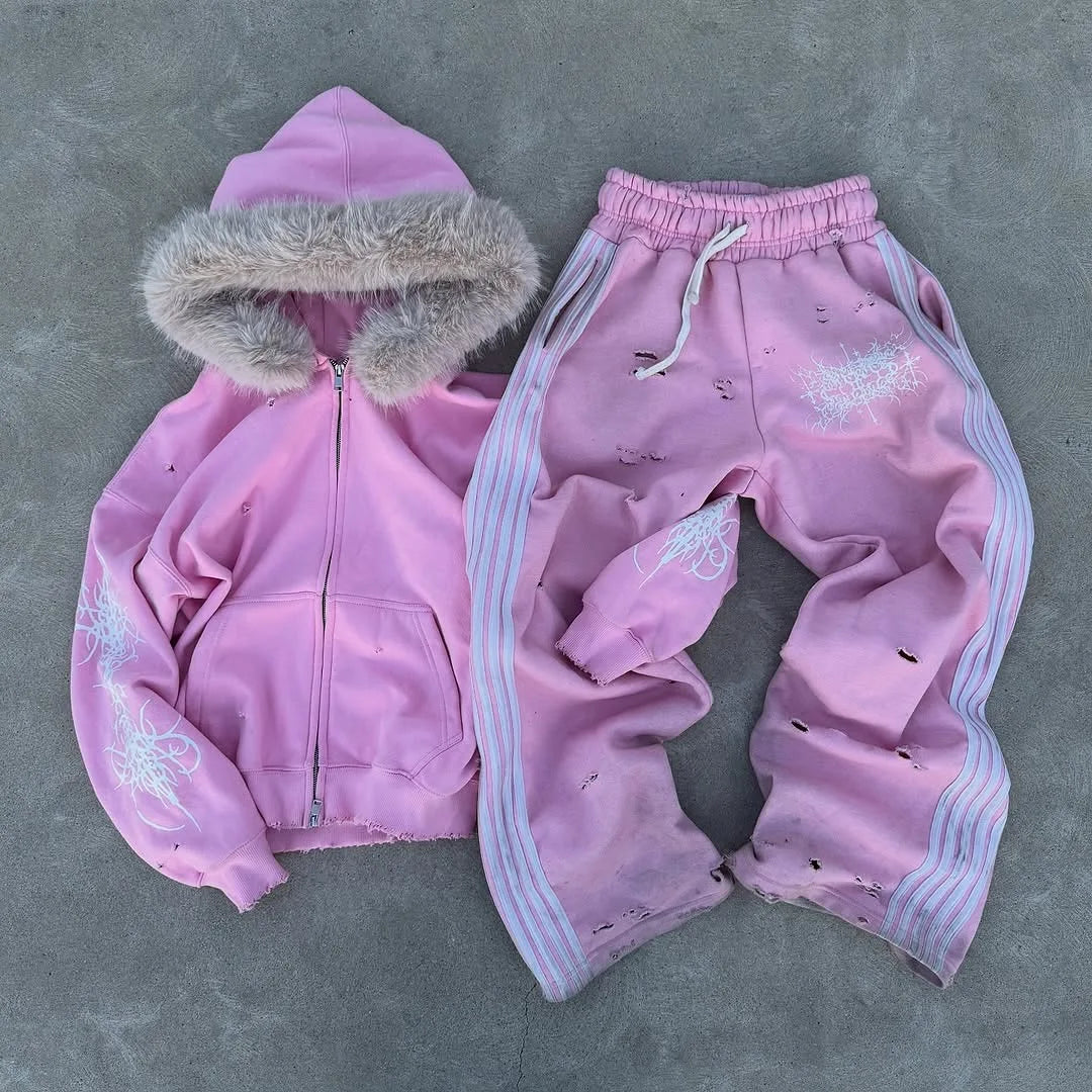Pink hip hop style fashionable loose fitting men and women’s sportswear set with fur-lined hoodie and distressed track pants