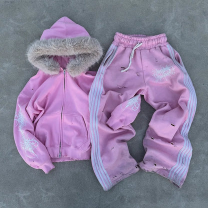Pink hip hop style fashionable loose fitting men and women’s sportswear set with fur-lined hoodie and distressed track pants