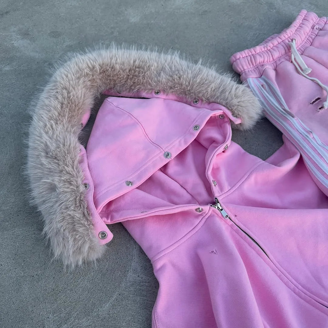 Pink hooded jacket with light brown faux fur trim and silver snap buttons in hip hop style fashionable loose fitting women’s sportswear set