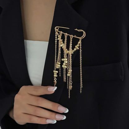 Gold-toned beaded fringed brooch with dangling chains and cylindrical beads for multi-functional pants anklet pin