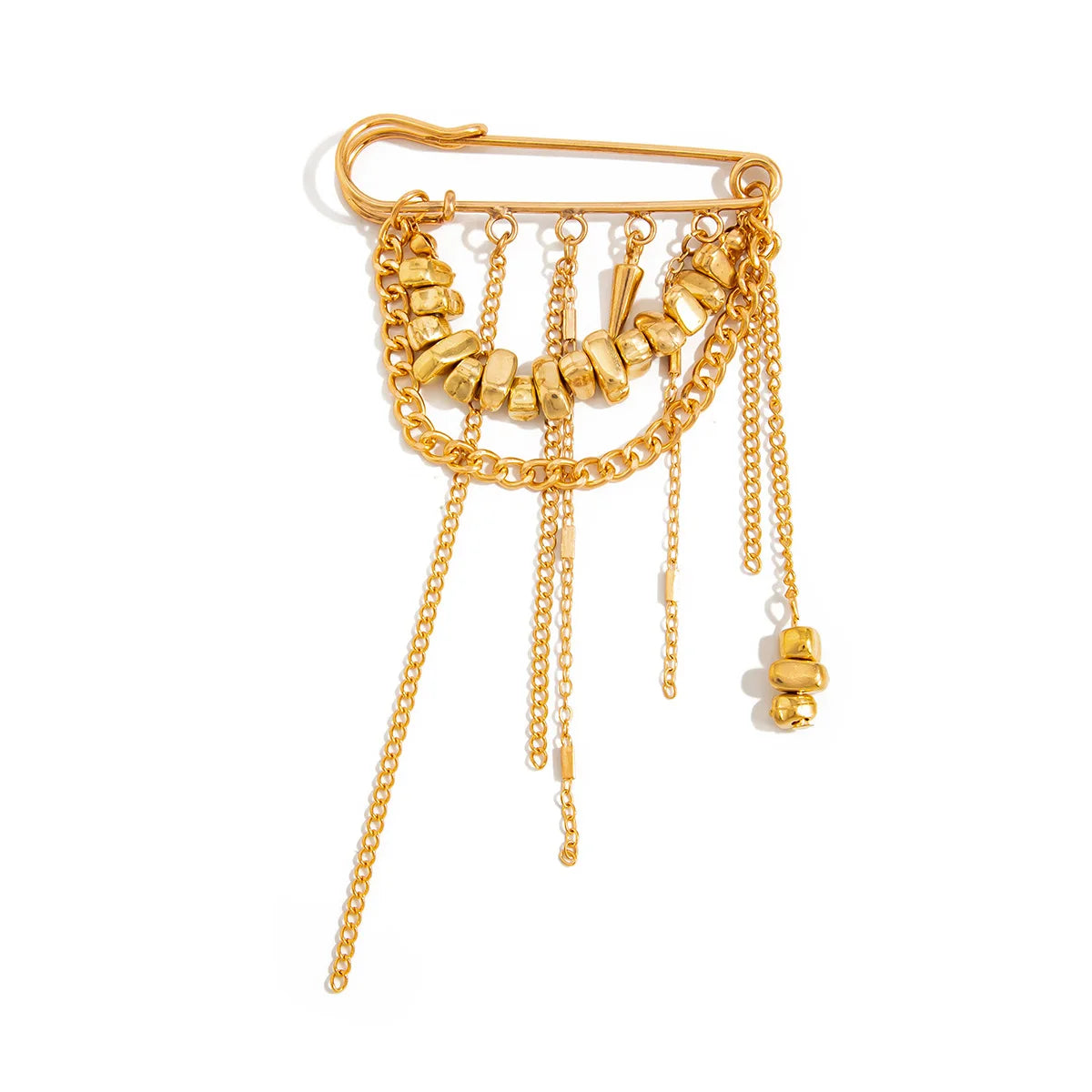 Gold-toned beaded fringed brooch with cascading chains and textured beads for use as pants anklet pin or accessory