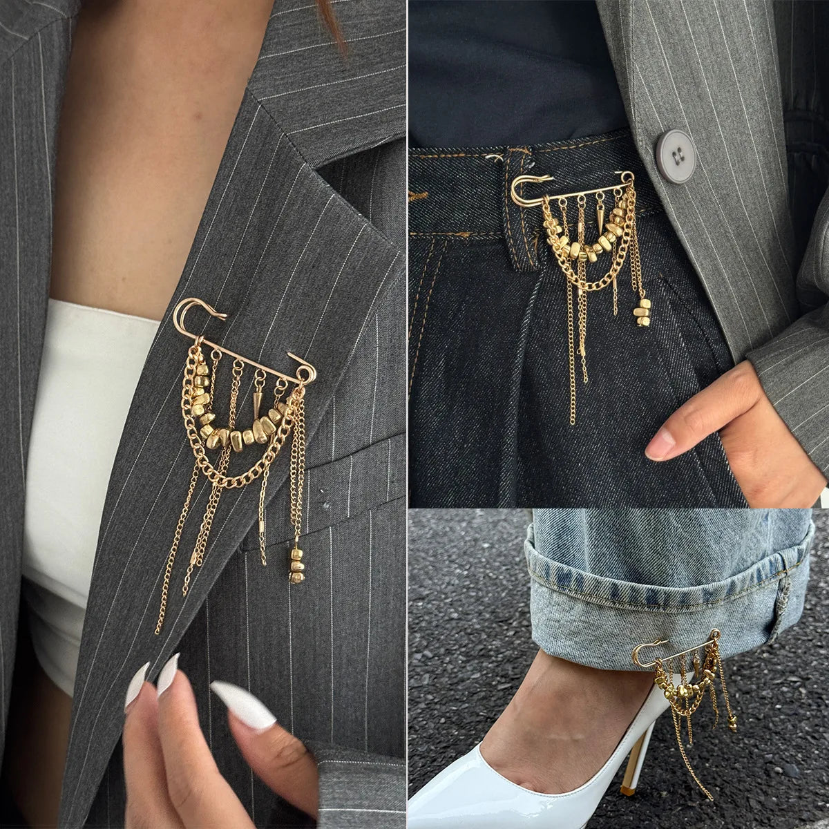 Gold-toned beaded fringed brooch with dangling chains designed as hip hop style pants anklet pin accessory
