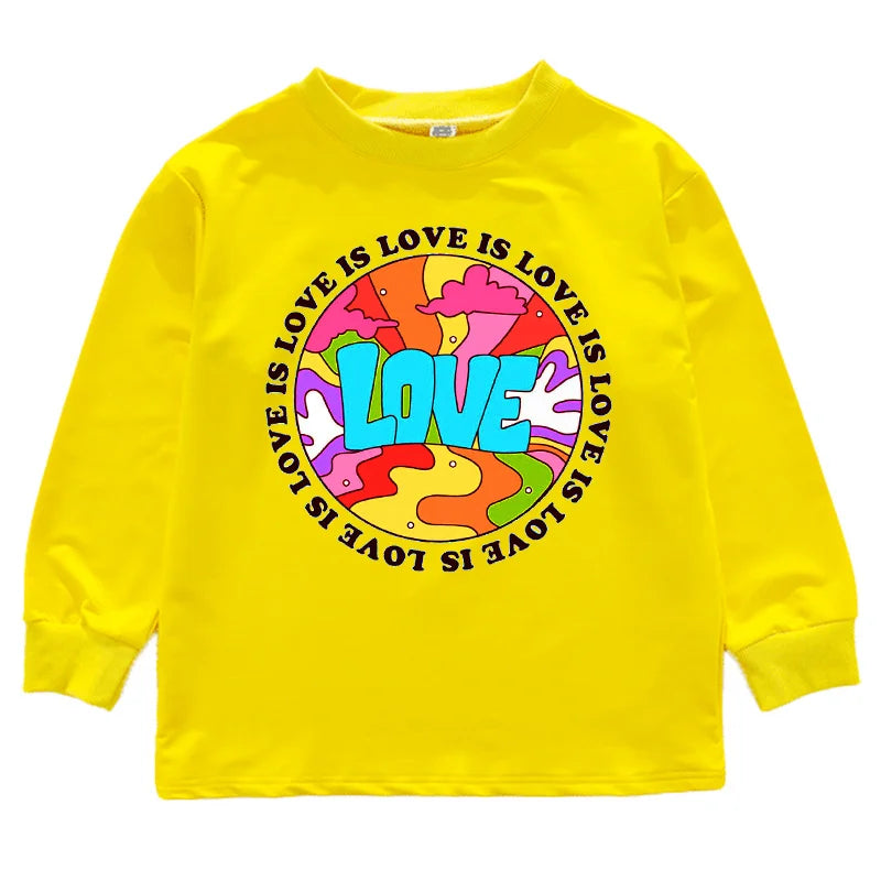 Bright yellow long-sleeved hip hop clothing set for kids featuring a psychedelic love design and swirling rainbow patterns