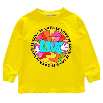 Bright yellow long-sleeved hip hop clothing set for kids featuring a psychedelic love design and swirling rainbow patterns