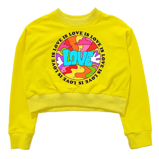 Bright yellow cropped sweatshirt with vibrant psychedelic design and bold blue love text hip hop clothing set for kids