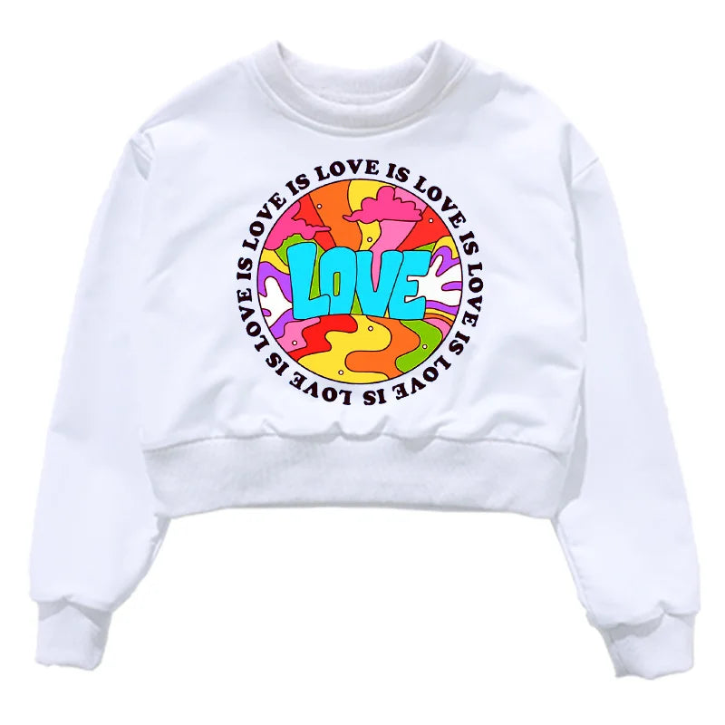 White cropped sweatshirt with vibrant psychedelic love graphic in blue for hip hop kids clothing set streetwear