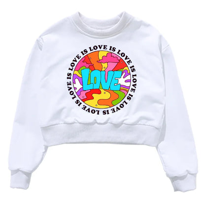 White cropped sweatshirt with vibrant psychedelic love graphic in blue for hip hop kids clothing set streetwear