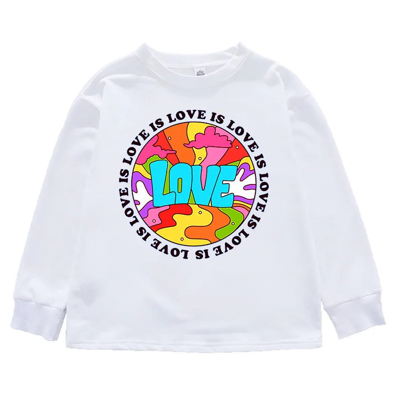 White long-sleeved hip hop clothing set t shirt with vibrant psychedelic love design for kids streetwear