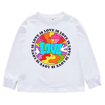 White long-sleeved hip hop clothing set t shirt with vibrant psychedelic love design for kids streetwear