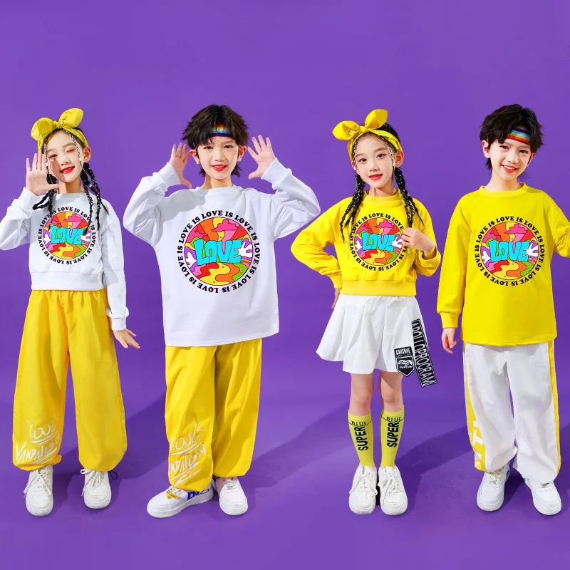 Vibrant yellow and white hip hop clothing set with colorful love graphic print long-sleeved dance outfit for kids