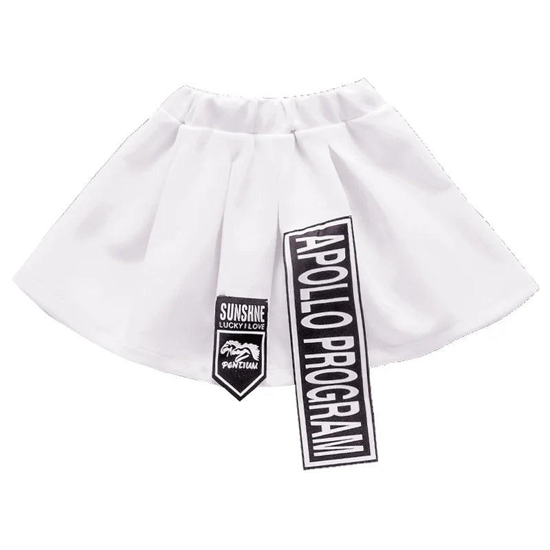 White pleated skirt with black embroidered patches and apollo program banner hip hop clothing set for kids