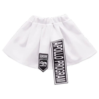 White pleated skirt with black embroidered patches and apollo program banner hip hop clothing set for kids